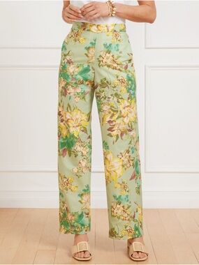 Talbots linen wide leg green dynamic floral pull-on pants size small
